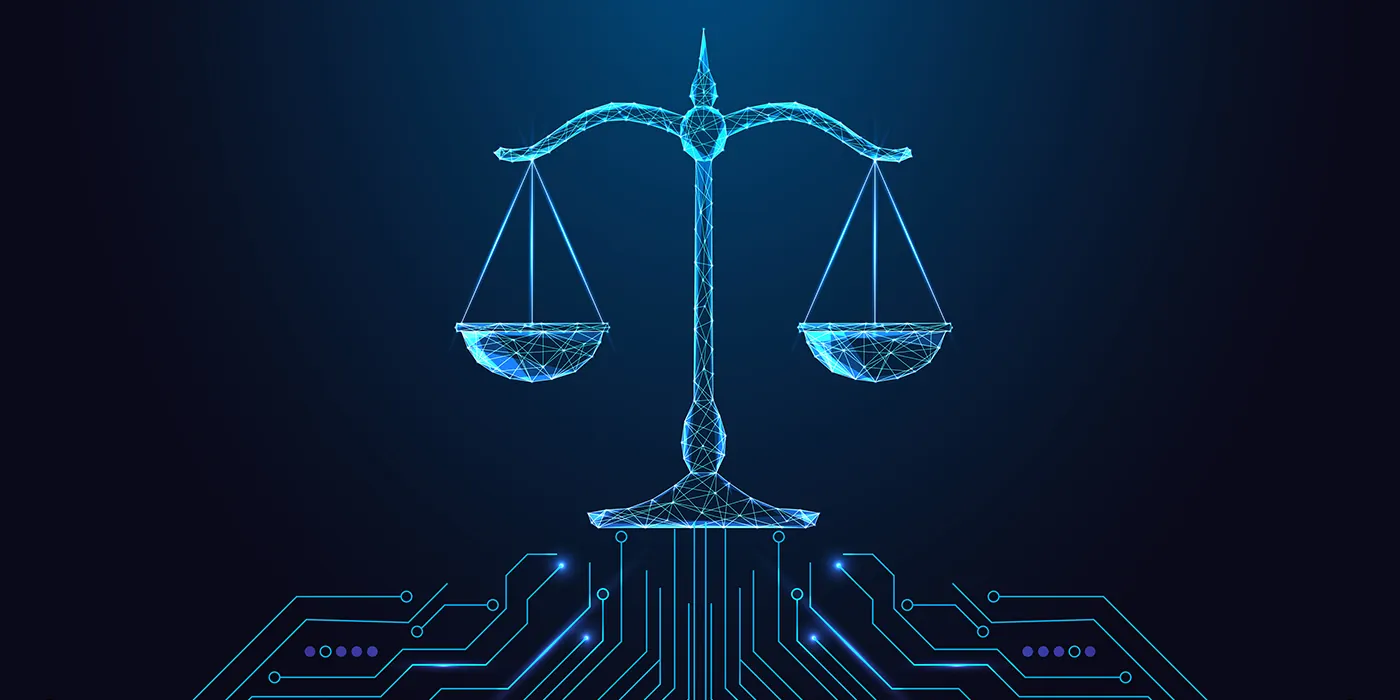 AI Ethics and Governance symbolized by a digitized set of scales fed by blue circuitry