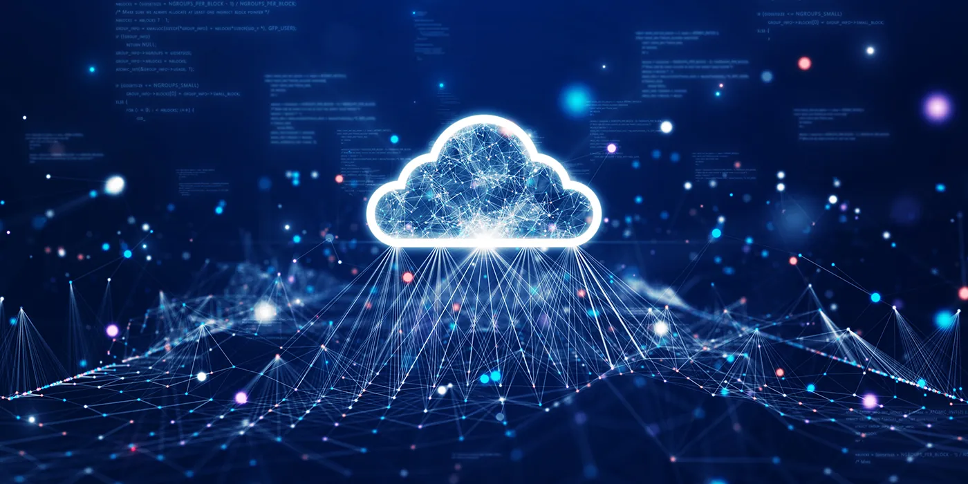 an icon representing a cloud server is attached to several glowing data points